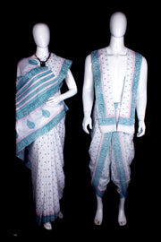 White, Blue and Red Sanganeri Hand Block Printed Couple Set