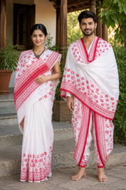White and Red Sanganeri Hand Block Printed Couple Set
