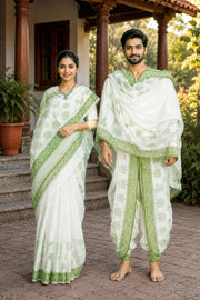 White and Green Sanganeri Hand Block Printed Couple Set