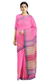 Pink Striped Saree with Blue and Golden Zari Border