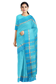 Sea Green Check Saree with Goldan Zari and Sky Blue Border