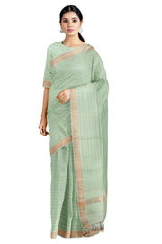 Self Check Green Saree with Golden Zari Border