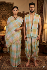 Peach, Cyan, Green and Golden Zari Check Aahar Joda