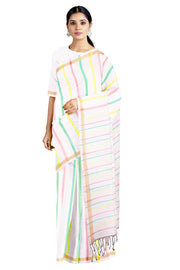 White Saree with Multi Colour Stripes and Golden Zari Border
