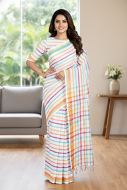 White and Multi Colour Striped Saree with Green, Orange and Golden Zari Border