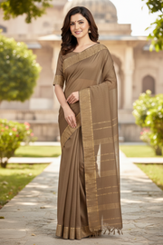 Brown Saree with Golden Zari Border