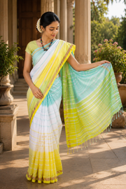 White Saree with Yellow and Green Stripes and Golden Zari Border