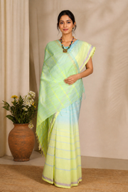 Fluorescent Yellow and Cyan Striped Striped Saree with Golden Zari Border