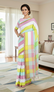 Multi Colour Striped Saree with Golden Zari Linings and Pink and Cyan Border