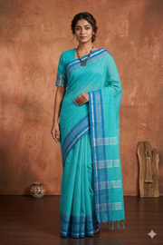 Cyan Saree with Blue and Silver Zari Border