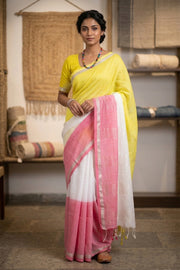 Yellow, White and Magenta Saree with Silver Zari Border