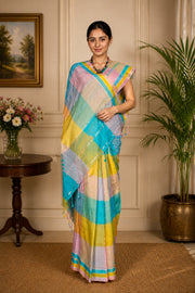 Yellow, Blue, Pink and Green Check Saree with Silver Zari Linings