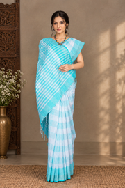 White Saree with Golden Zari and Cyan Lining Checks and Border
