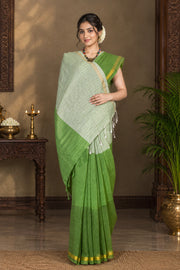 White and Green Saree with Golden Zari Border