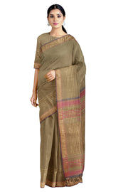 Brown Saree with Golden Zari, Magenta and Purple Border