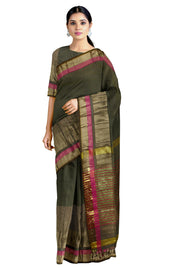 Grey and Yellow Lining Saree with Magenta and Golden Zari Border