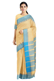 Goldan Yellow Check Saree with Goldan Zari and Sky Blue Border