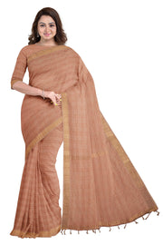 Terracotta Brown Window Check Saree with Golden Zari Border