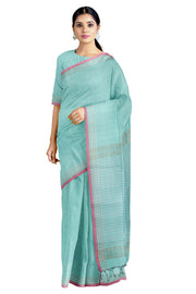 Aqua Blue Saree with Silver Zari Checks and Pink Border