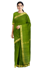 Green Window Check Saree with Golden Zari Border