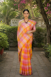 Yellow, White, Pink and Orange Check Saree with Silver Zari Border