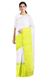 White Mercerised Cotton Saree with Green and Silver Zari Border