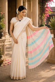 Beige Saree with Golden Zari Border