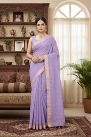 Purple Saree with Self Check and Goldan Zari Border