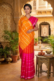 Red and Magenta Saree with Silver Zari Stripes and Border