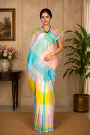 White, Yellow, Pink and Blue Check Saree with Golden Zari Linings