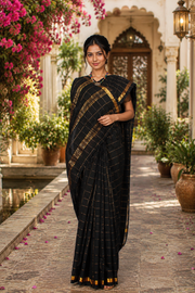 Black Saree with Golden Zari Border and Checks