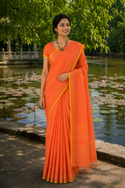 Orange Saree with Golden Zari and Yellow Border