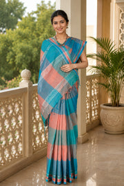 Blue, Pastel Red and Green Check Saree with White Border