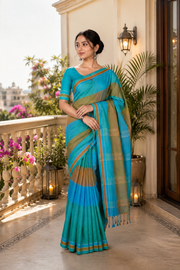 Green, Blue and Golden Brown Check Saree with White Border