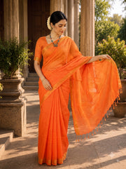 Orange Saree with Golden Zari Checks and Border