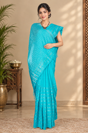 Light Blue Saree with Silver Zari Striped Border