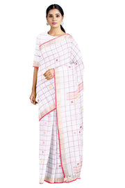 White Saree with Magenta Check and buti, Megenta, Goldan Zari Border
