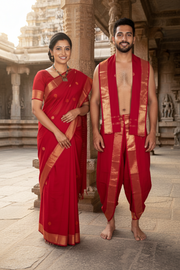 Red Couple Set with Golden Zari Border and Butis