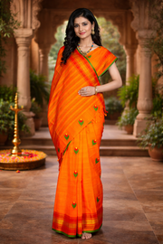 Orange Saree with Yellow, Red, Green and Golden Zari Border and Butis