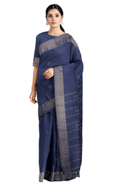 Denim Blue Saree with Buti and Silver, Goldan Zari Striped Border
