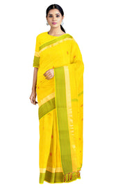 Yellow Saree with Golden Zari, Orange and Green Border and Red and Orange Butis