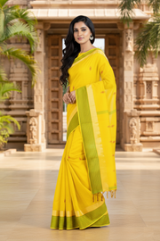 Yellow Saree with Golden Zari, Orange and Green Border and Red and Orange Butis