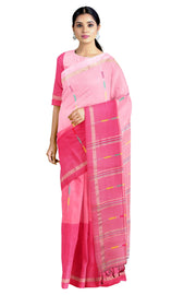 Pink and Magenta Saree with Golden Zari Border and Red, Green and Yellow Lined Butis