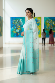Cyan, Powder and Ice Blue Saree with Golden Zari Border and Multi Colour Lined Butis