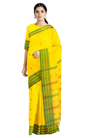 Yellow Saree with Red, Green and Golden Zari Border and Lined Butis