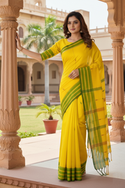 Yellow Saree with Red, Green and Golden Zari Border and Lined Butis