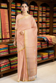 Peach Saree with Buti and Goldan Zari Border