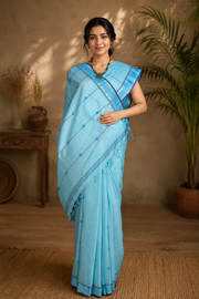 Pale Blue Saree with Silver Zari and Dazzling Blue Border and Lined Butis
