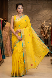 Yellow Saree with Butis and Blue, Goldan Zari Border