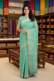 Green Saree with Golden Zari Border and Goldan Zari Butis